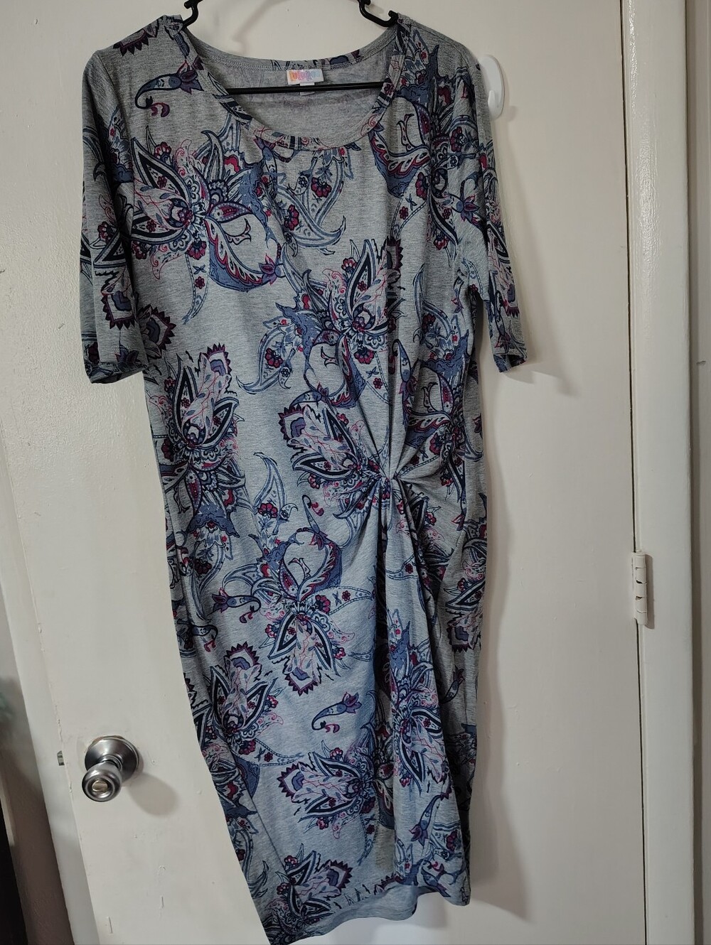 LuLaRoe Gray Midi Dress with Blue & Purple Paisley